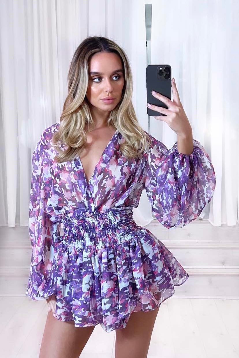 MARGOT X CLAUDIA BALLOON SLEEVE BLOUSE X SMOCKED TIERED SKIRT - SHEER LILAC ABSTRACT