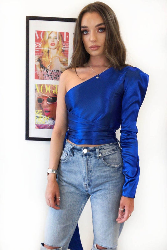 KATI  • ONE SHOULDER CROPPED WRAP TOP • COBALT BLUE
